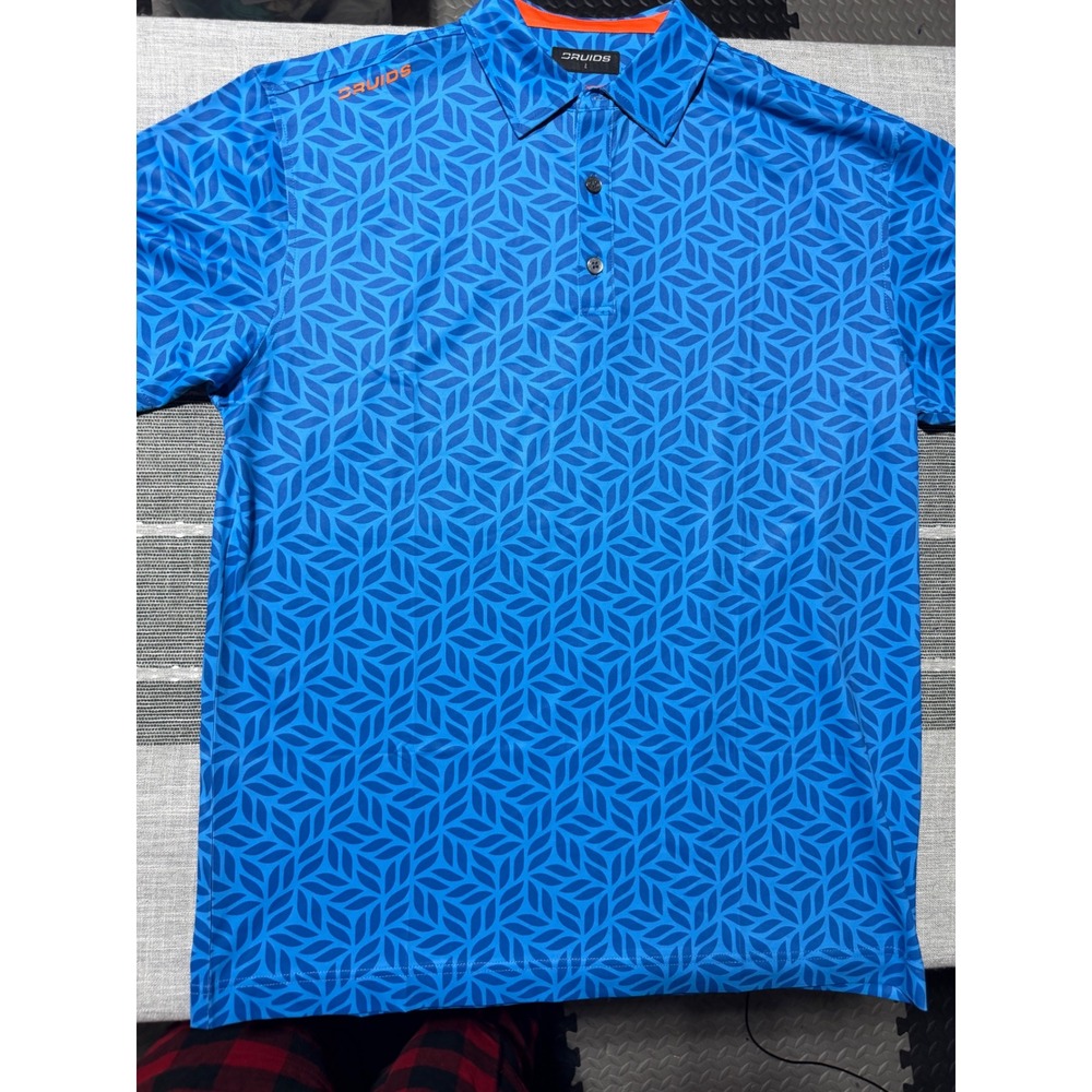 Druids Mens Golf Polo Shirt Large Blue Geometric Leaf Performance Short Sleeve